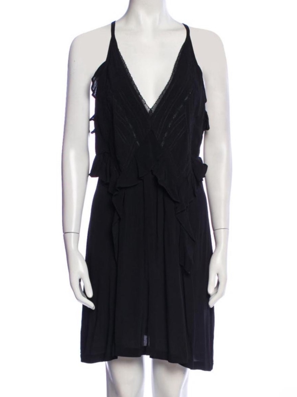 IRO V-Neck Ruffle Mini Dress Black Sleeveless Silk Blend Sz M US 8 FR 40